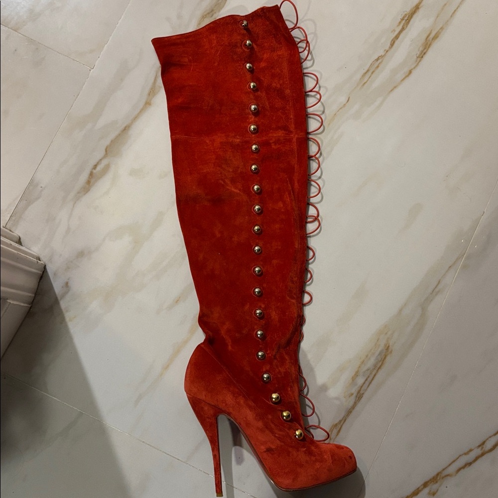 Super Rare 2009 Christian Louboutin Supra Fifre 120 Red SuedeThigh High Boots